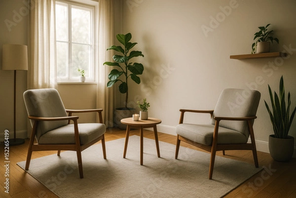 Fototapeta Minimalist therapy room with soft light, two chairs and plants, calm and peaceful feel, generative AI