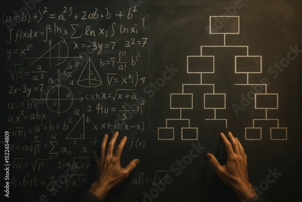Fototapeta Hands near chalkboard full of math formulas and flowcharts, symbolizing transition from complexity to clarity. generative AI