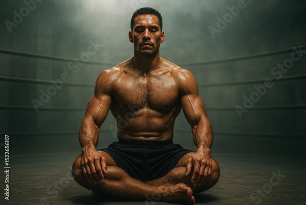 Fototapeta Shirtless muscular man meditating in boxing ring after intense workout. generative AI