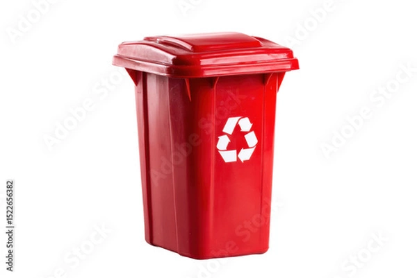 Fototapeta Red recycling bin with lid and recycle symbol on black background, cut out