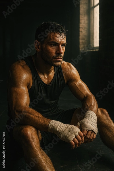 Fototapeta Sweaty muscular boxer resting on gym floor after intense workout, emotional focus. generative AI
