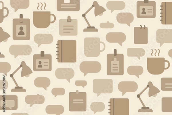 Fototapeta Seamless neutral-toned pattern with office icons like mugs, lamps, and chat bubbles