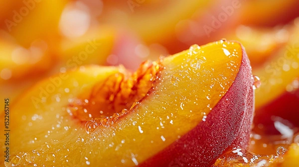 Fototapeta Close-up of a juicy peach slice with water droplets in a macro food photography shot