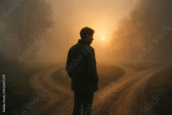 Fototapeta Man standing at foggy fork in the road at sunrise, symbolic life decision moment. generative AI