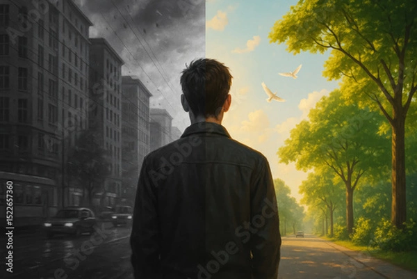 Fototapeta Man facing contrasting city scenes—one dark and rainy, one bright and peaceful. generative AI
