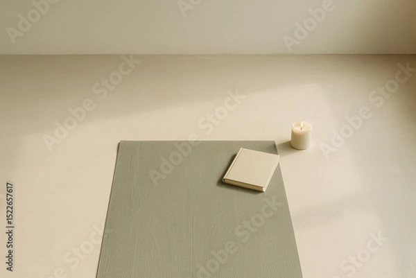 Fototapeta Yoga mat, candle, and notebook arranged in minimalist space with soft natural light. generative AI