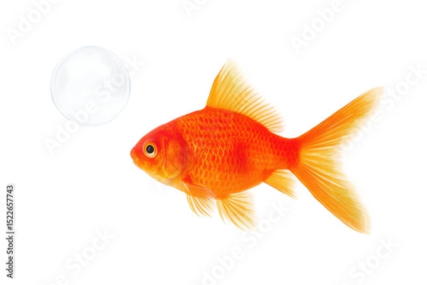 Fototapeta Vibrant goldfish with bubbles on white background, cut out