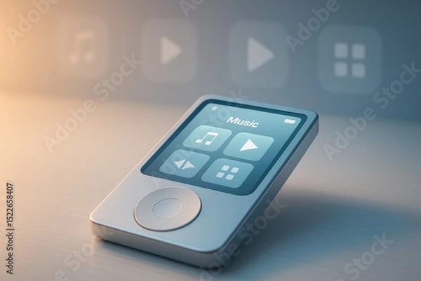 Fototapeta Minimalist music device with interface glowing on sleek screen in soft ambient light. generative AI