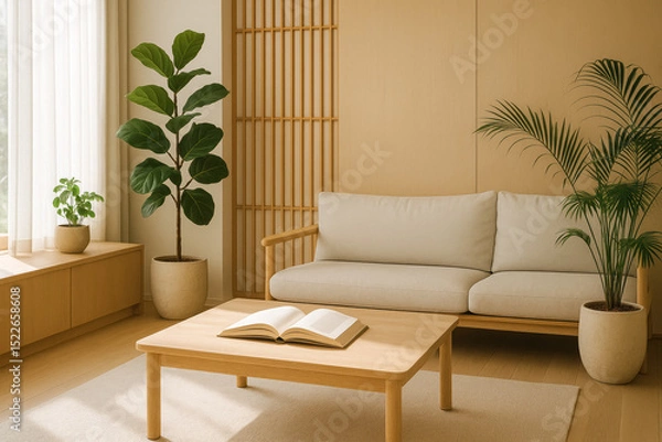 Fototapeta Japanese-inspired minimalist living room with soft light, beige sofa, plants and book. generative AI
