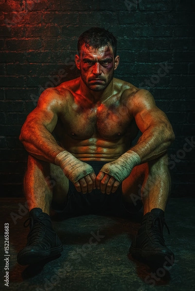 Fototapeta Muscular man with bruised face resting after fight, sitting on floor under dramatic light. generative AI