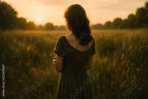 Fototapeta Woman standing in field during golden hour, facing sunset with arms folded gently. generative AI

