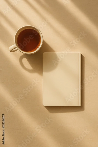 Fototapeta Beige notebook and tea cup on wooden table with sun shadows, minimalist setup. generative AI