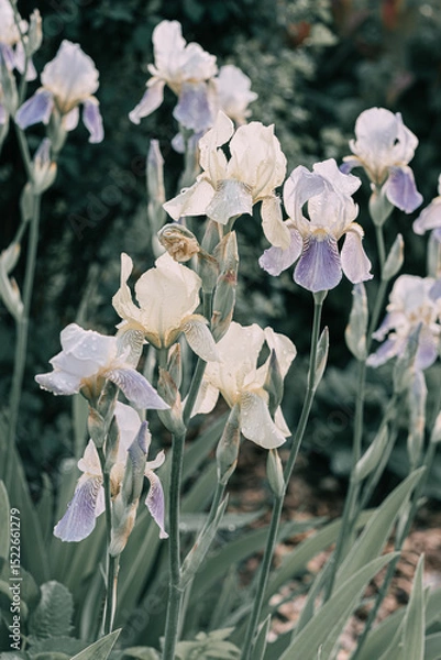 Fototapeta pale iris flower with raindrop on petal in spring garden