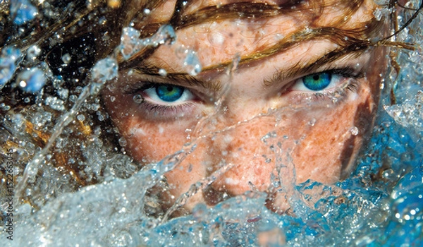 Obraz Immersive close-up of person with blue eyes through water – intense summer beauty with freckles.