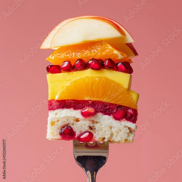 Obraz Layered fresh summer fruit slices on a fork – summer dessert food concept on pink background.