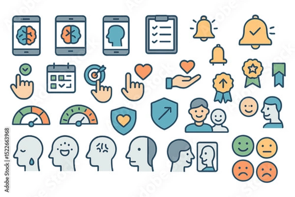 Fototapeta Collection of icons representing mental health, wellness activities, and user engagement metrics for digital applications