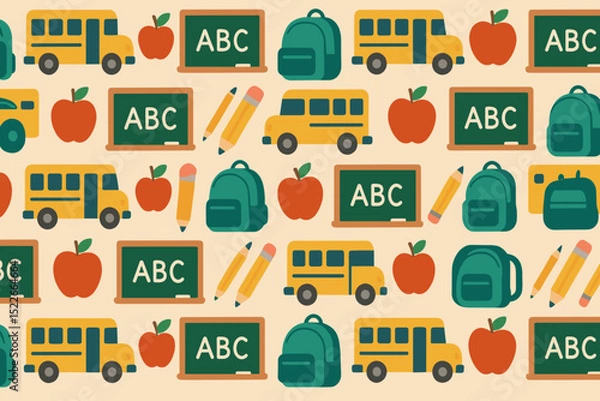 Fototapeta Colorful school-themed illustration featuring apples, chalkboards, backpacks, and buses perfect for educational materials