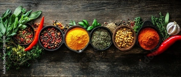 Fototapeta A variety of spices and herbs on a wooden surface, creating a sense of freshness and flavor. Ideal for culinary and gastronomic themes.