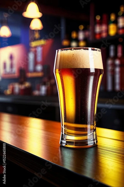 Fototapeta A glass of light beer on the bar counter in a bar. No people.