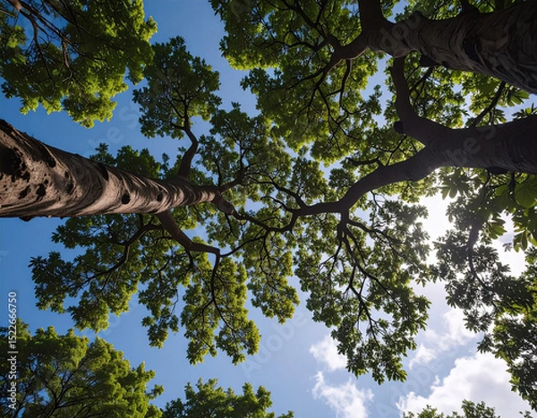Fototapeta Photo taken from beneath a tree, showing branches and green leaves 