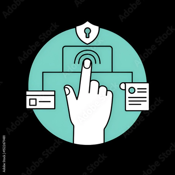 Fototapeta Flat Design Biometric Authentication Concept with Fingerprint Scan and Security Shield Icon

