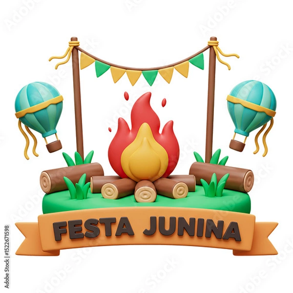 Obraz Fogueira Festa Junina Cenário com Balões e Bandeirolas Renderizado em 3D
