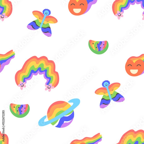 Fototapeta seamless pattern with doodle pride month elements in vector. Template for backgrounds backdrops prints wallpaper wrapping textile packaging