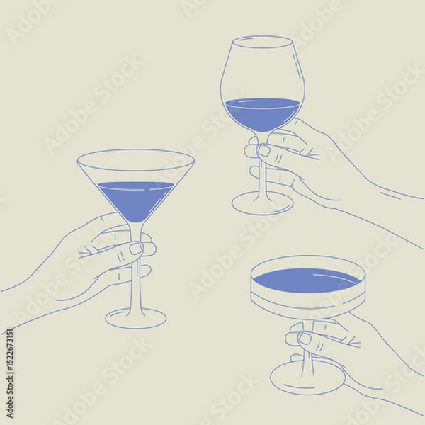 Fototapeta Minimalist illustration of hands holding glasses with drinks. Line art style with blue accents. Perfect for menus, parties, bar themes, and celebrations.