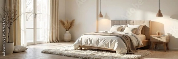 Fototapeta Serene bedroom with minimalist decor, featuring a plush rug, soft textiles, and calming neutral tones Perfect for relaxation and peaceful sleep , minimal, beige
