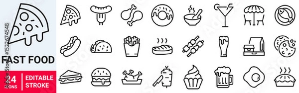 Fototapeta Fast food web icon set in line style. Pizza, chips, burger, french fries, hot dog, collection. Vector illustration.