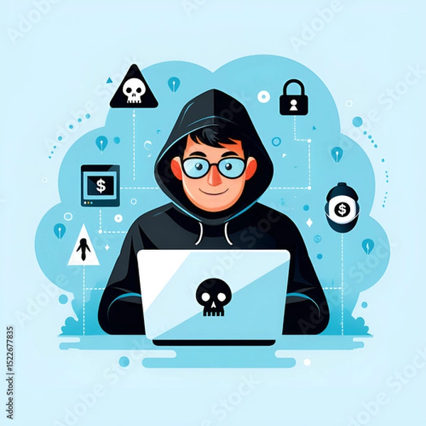 Fototapeta Cartoon Hacker Character on Laptop, Cybersecurity and Hacking Concept Illustration, Cartoon Hand Drawn Hacker Computer Money Illustration 
