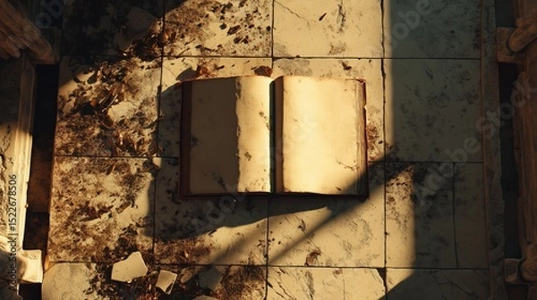 Fototapeta An antique book, open and placed on uneven stone within old ruins, gently kissed by radiant sunlight.