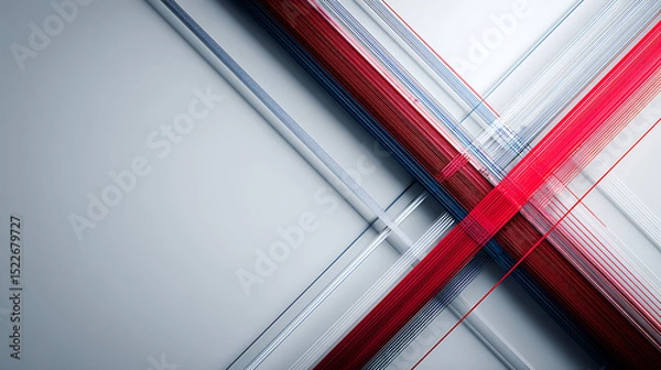 Fototapeta Fine red and blue geometric lines intersecting in the lower right corner on a white minimalist background, abstract math and tech style with clean space on top and left for text or interface design.