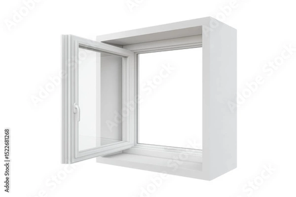 Fototapeta White modern open casement window on isolated background with minimal design, cut out