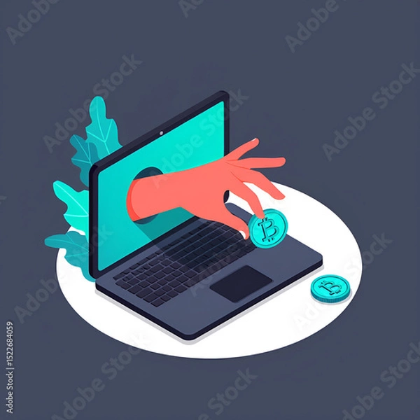Fototapeta Hand Stealing Bitcoin from Laptop – Cybercrime and Cryptocurrency Theft Concept Illustration

