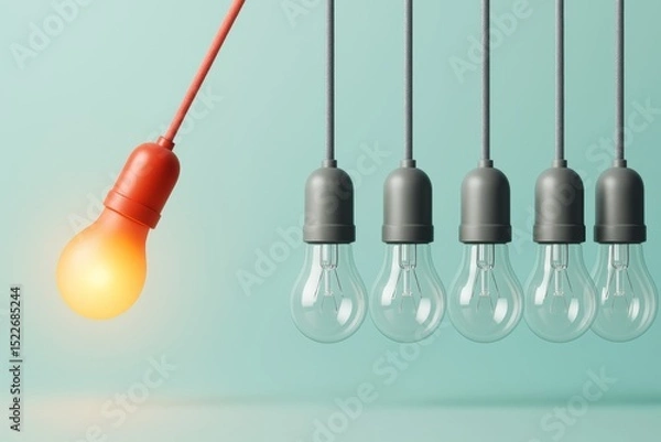 Fototapeta One illuminated orange light bulb striking five unlit bulbs against light blue background, symbolizing innovation and business concept. Ai generative.