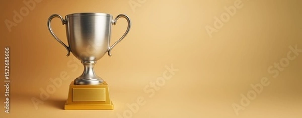 Fototapeta Silver trophy cup with golden base placed on warm light background with copy space for business award promotion or poster design template.