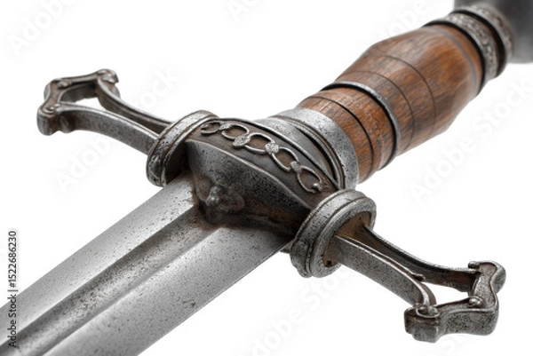 Fototapeta Close-up of medieval sword with detailed handle and crossguard on black background, cut out