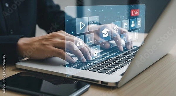 Obraz Person Using Laptop for Online Education Live Streaming and Digital Learning with Educational Icons and Modern Technology Interface Displayed
