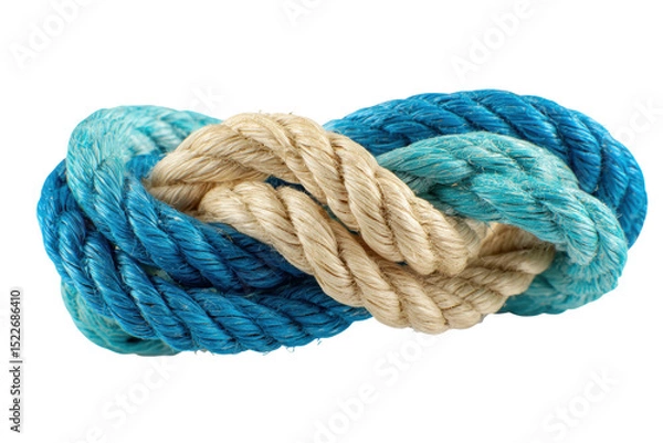 Fototapeta Intertwined blue and beige twisted ropes, cut out