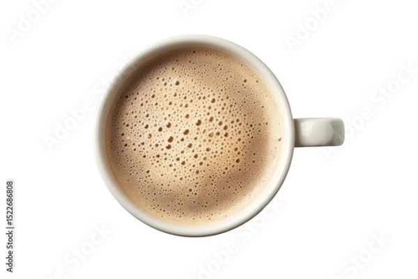 Fototapeta Aerial view of frothy coffee in a white cup on a black background, cut out