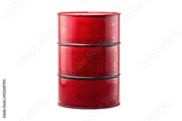 Fototapeta Red metal barrel isolated on white background with rustic texture, cut out