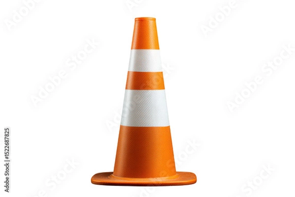Fototapeta Orange traffic cone with reflective white stripe on black background, cut out