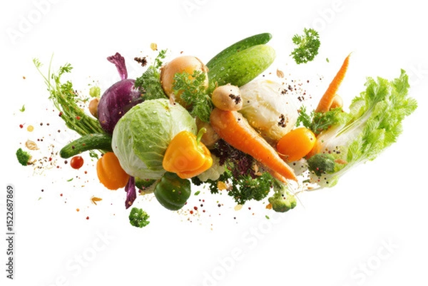 Fototapeta Fresh vibrant vegetables explosion with lettuce, carrot, and bell pepper, cut out