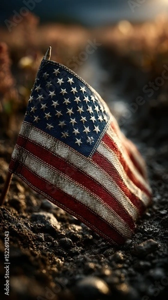 Fototapeta Worn American flag resting against gravel path during midday sunlight on a warm day