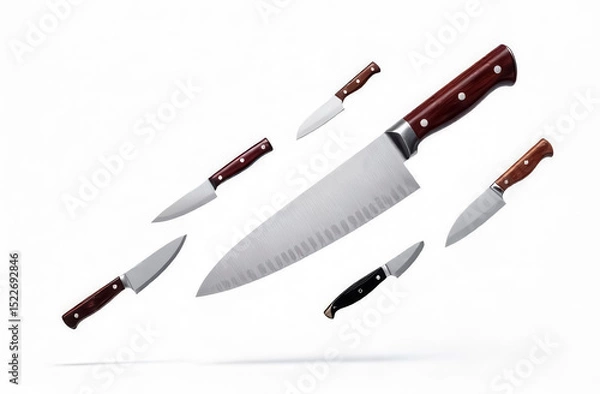 Obraz A collection of various kitchen knives floating in the air on a snow-white background.