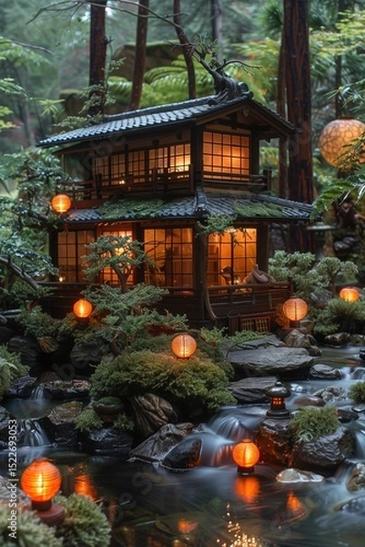 Obraz A traditional Japanese tea house surrounded by enchanted forest creatures and glowing lanterns, creating a magical evening scene.