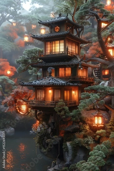 Obraz A traditional Japanese tea house surrounded by enchanted forest creatures and glowing lanterns, creating a magical evening scene 