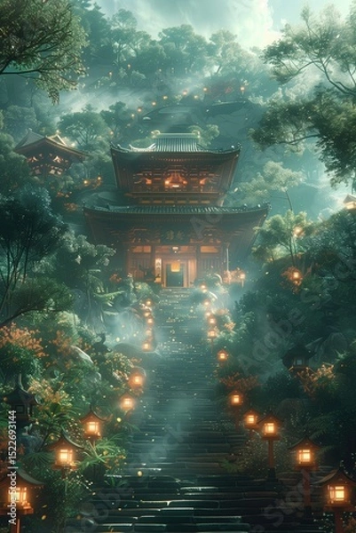 Obraz An ancient shrine deep in the forest, guarded by ethereal fox spirits with glowing eyes and surrounded by mystical, blooming flowers. 