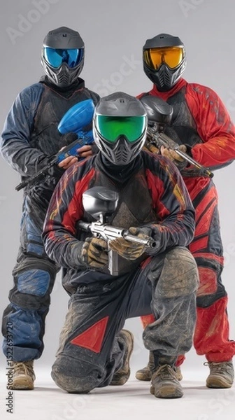 Fototapeta Studio portrait of paintball team in red and black uniforms holding markers in standing and kneeling pose against grey backdrop. Concept of sport and competition, tactical, team unity.